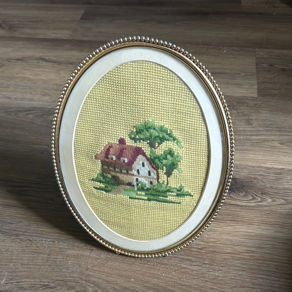 Vintage Oval Framed cabin cottagecore embroidered Needlepoint Art wall decor 80s